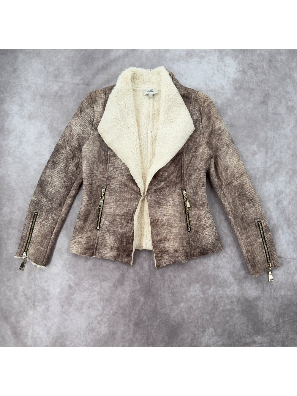 Delfine Brown Textured Faux Leather Sherpa Lined Afghan Jacket M Y2K Penny Lane